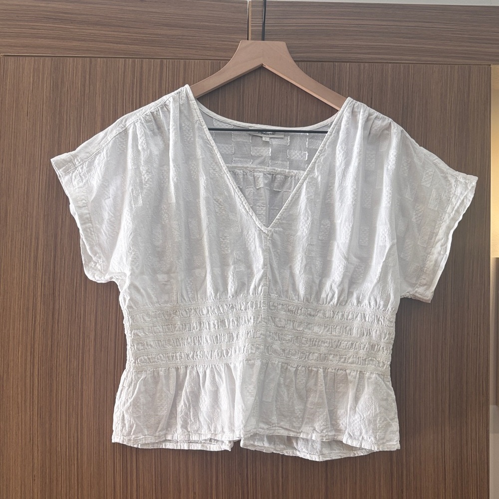 Madewell: V-Neck Smocked Waist Pull-over Top, Size L, White - Picture 3 of 8